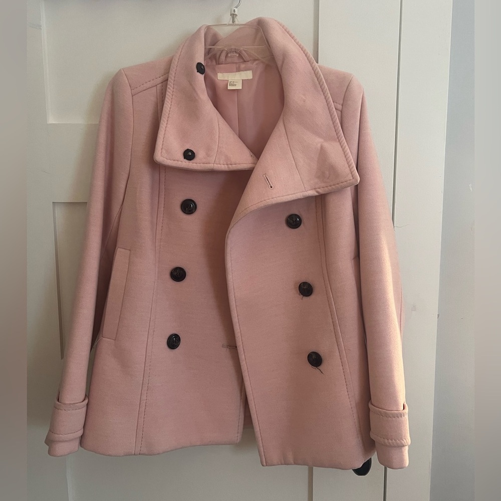 H&M pink double-breasted pea coat with black buttons